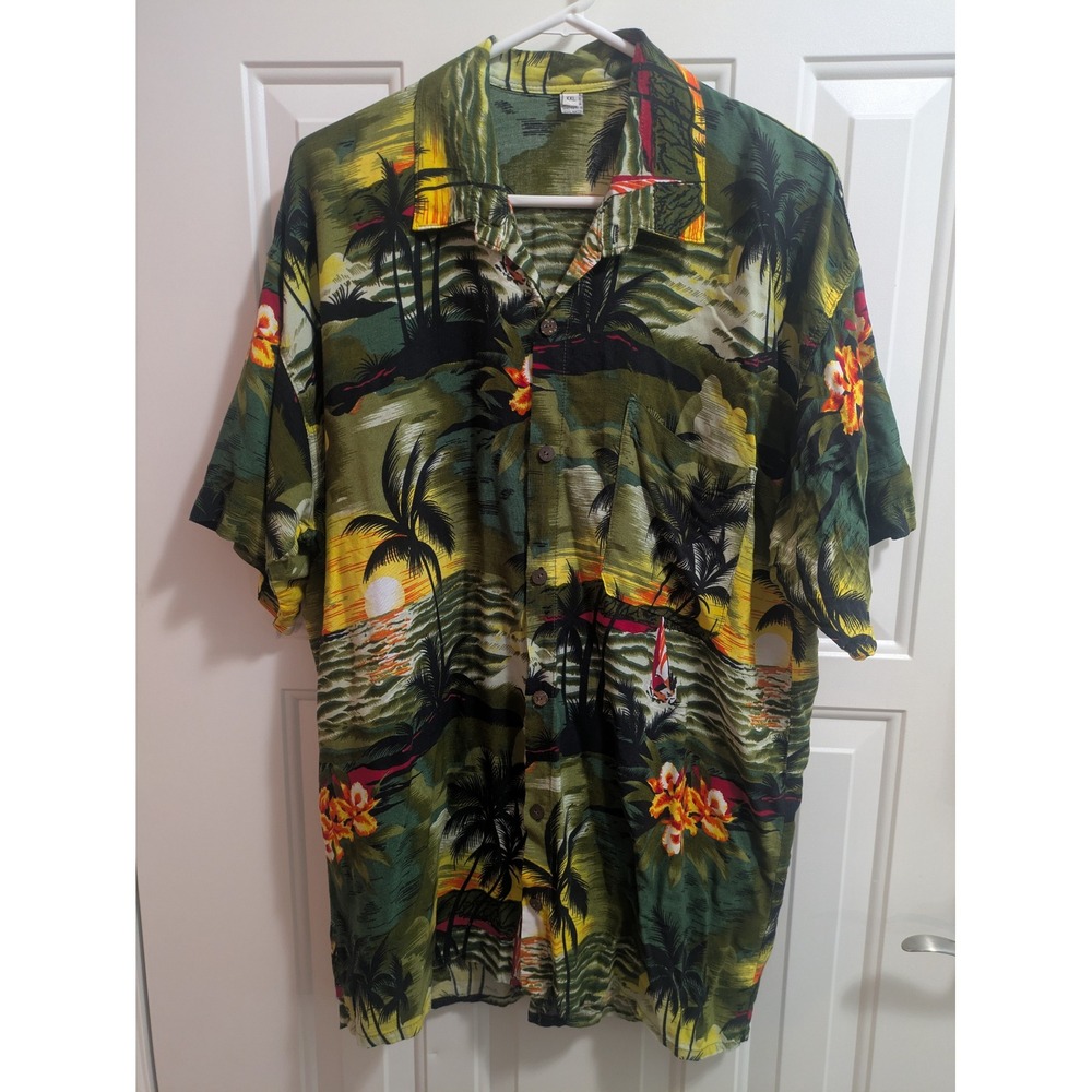 Mens XXL Tropical Hawaiian Aloha Shirt Green Sunset Palm Tree Rayon Button Down